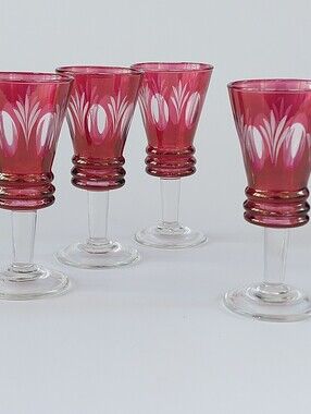 Vintage Cranberry Cut to Clear Cordial Glasses Ruby Red Italian Liqueur Set of 4